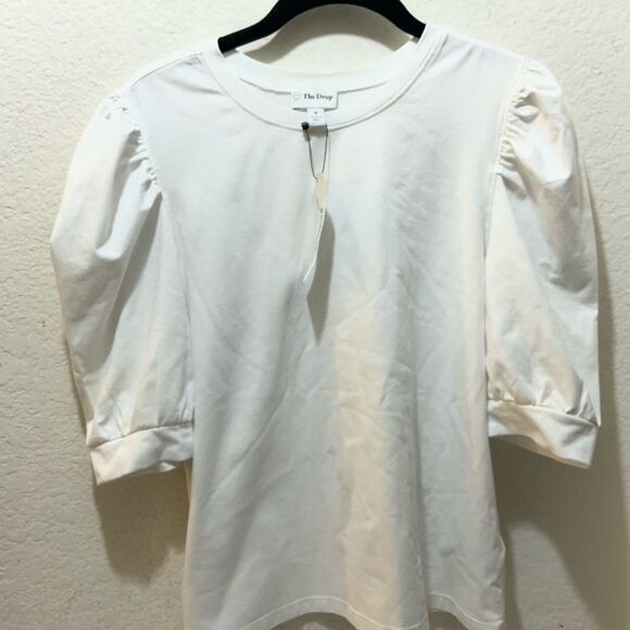 New The Drop Mariko Puff-Sleeve Crew-Neck Stretch Jersey T-Shirt in white - Picture 5 of 12